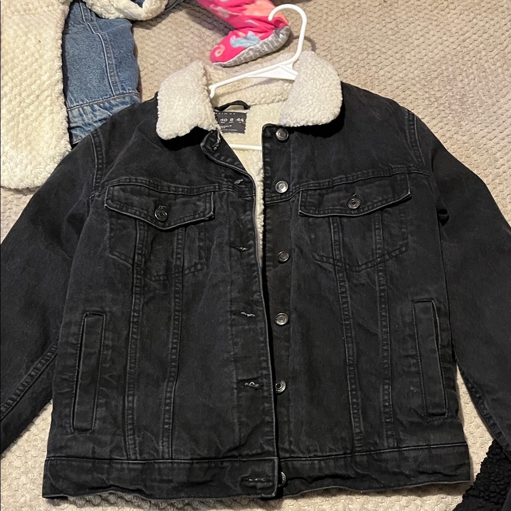 Zara Black Denim Jacket with Cream Sherpa Collar